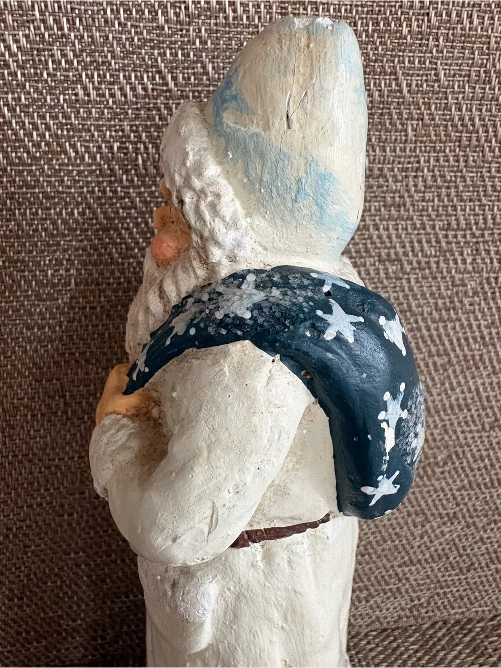 RAZ Imports White Father Christmas Santa Claus Figurine Blue Sack  Folk Art 7.5”